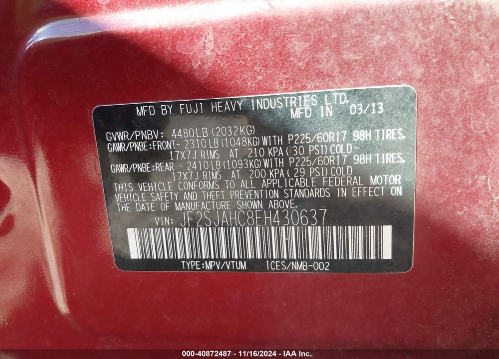 2014 SUBARU FORESTER 2.5I LIMITED VIN: JF2SJAHC8EH430637