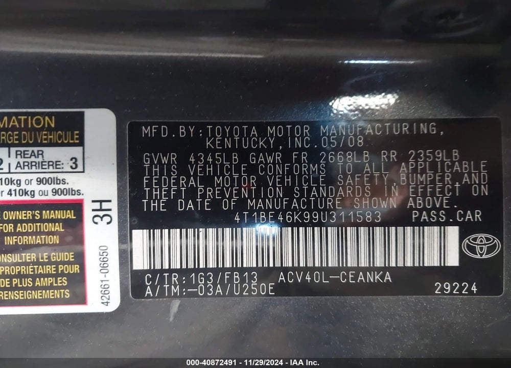2009 TOYOTA CAMRY LE VIN: 4T1BE46K99U311583