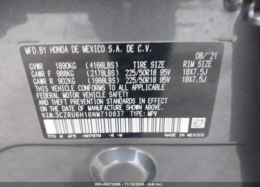 2022 HONDA HR-V AWD SPORT VIN: 3CZRU6H16NM710837