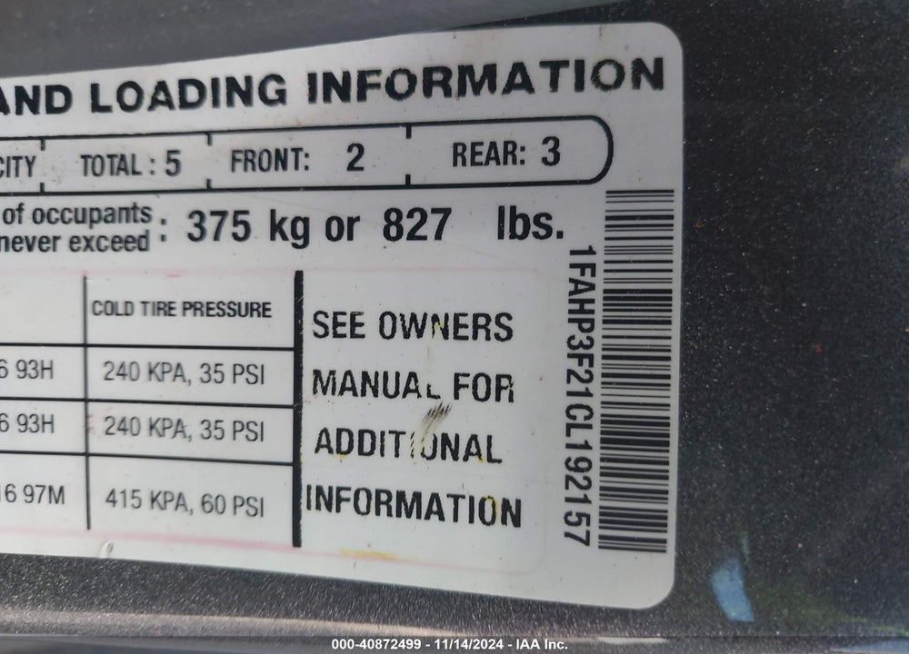 2012 FORD FOCUS SE VIN: 1FAHP3F21CL192157