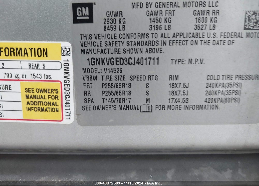 2012 CHEVROLET TRAVERSE 1LT VIN: 1GNKVGED3CJ401711