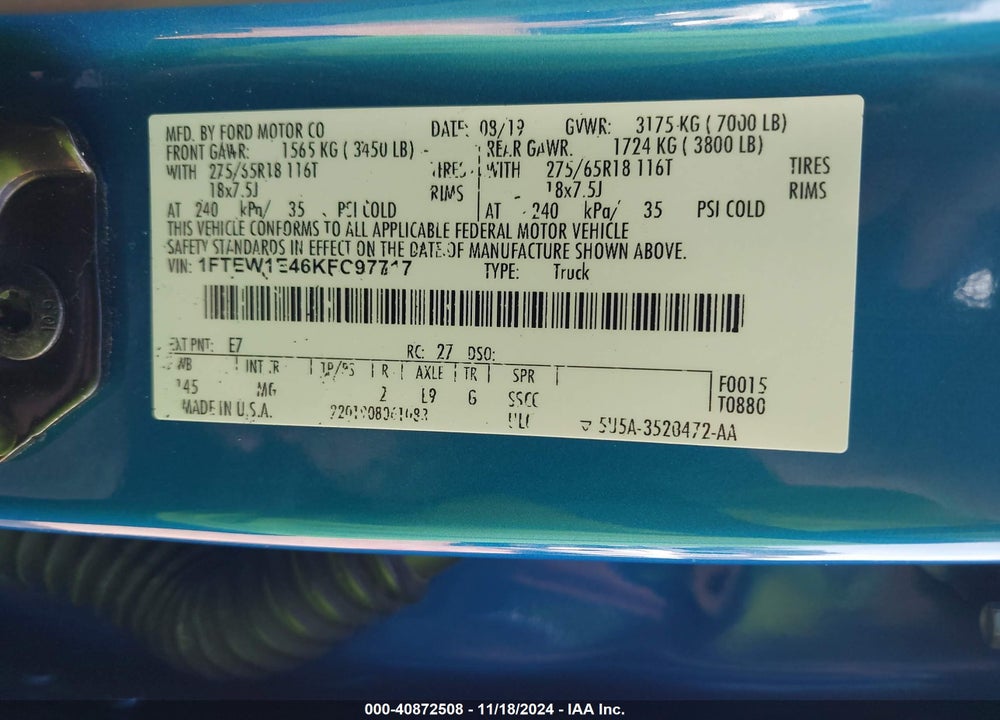 2019 FORD F-150 XLT VIN: 1FTEW1E46KFC97717
