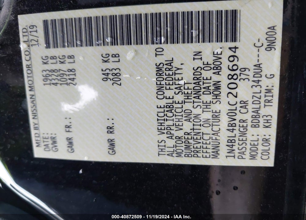 2020 NISSAN ALTIMA S FWD VIN: 1N4BL4BV0LC208694