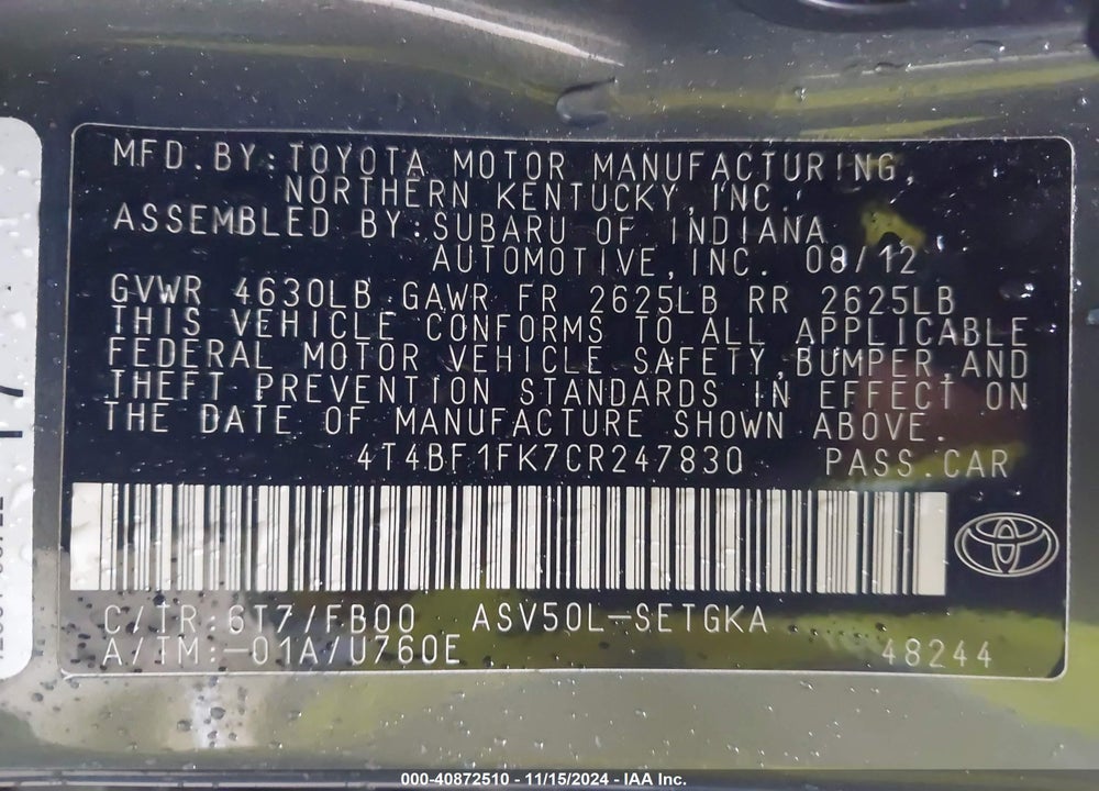 2012 TOYOTA CAMRY XLE VIN: 4T4BF1FK7CR247830