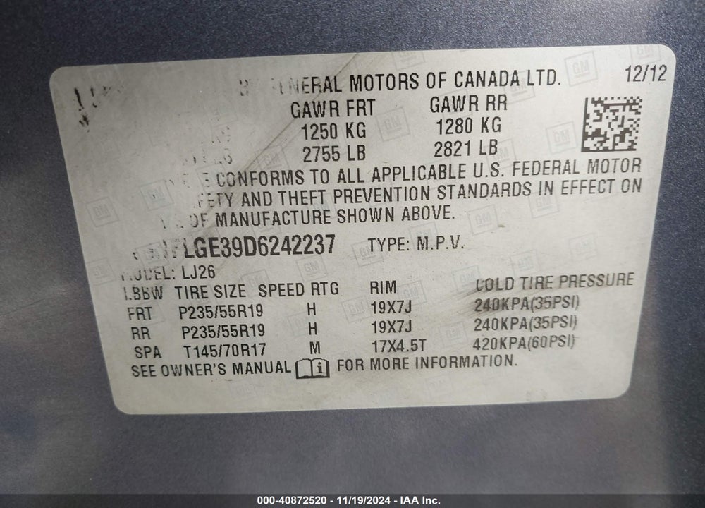 2013 CHEVROLET EQUINOX LTZ VIN: 2GNFLGE39D6242237