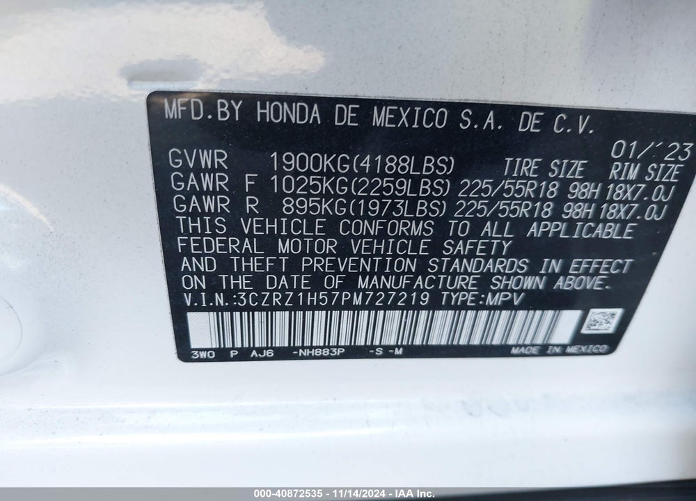 2023 HONDA HR-V 2WD SPORT VIN: 3CZRZ1H57PM727219