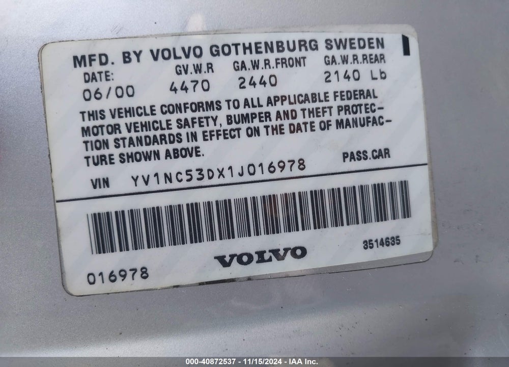 2001 VOLVO C70 HT VIN: YV1NC53DX1J016978