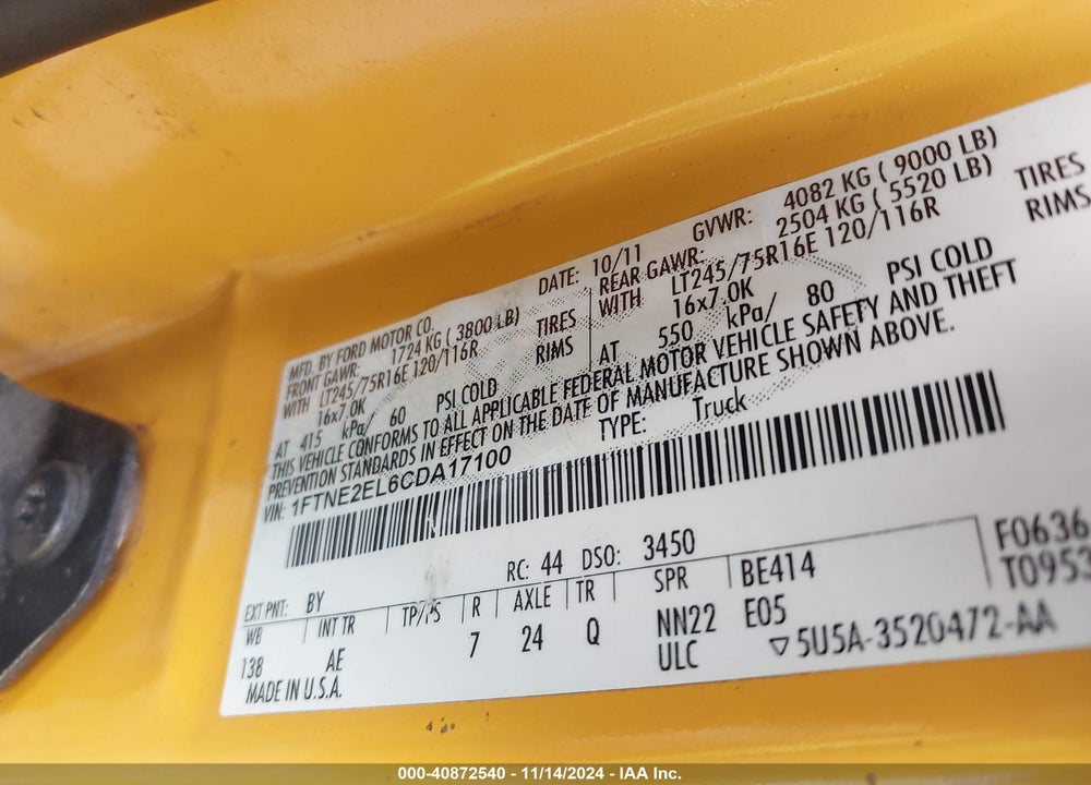 2012 FORD E-250 COMMERCIAL VIN: 1FTNE2EL6CDA17100