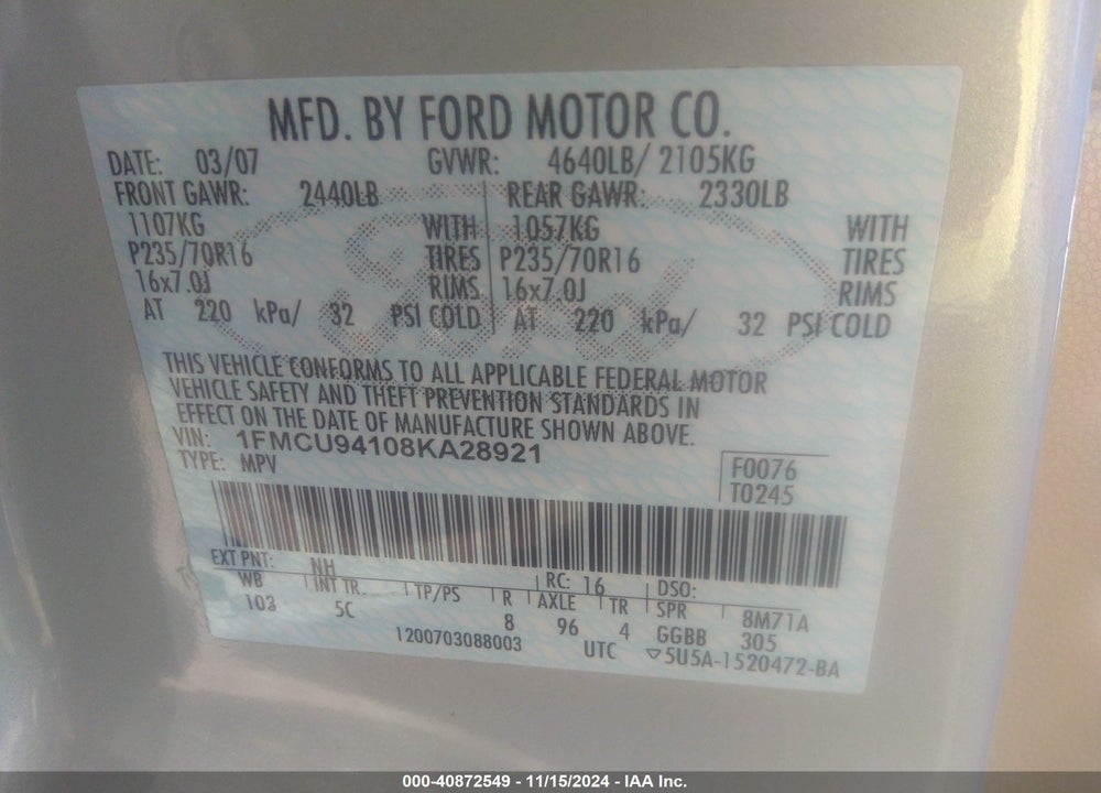 2008 FORD ESCAPE LIMITED VIN: 1FMCU94108KA28921
