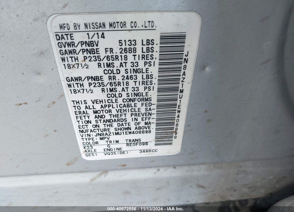 2014 NISSAN MURANO LE/S/SL/SV VIN: JN8AZ1MU1EW408898