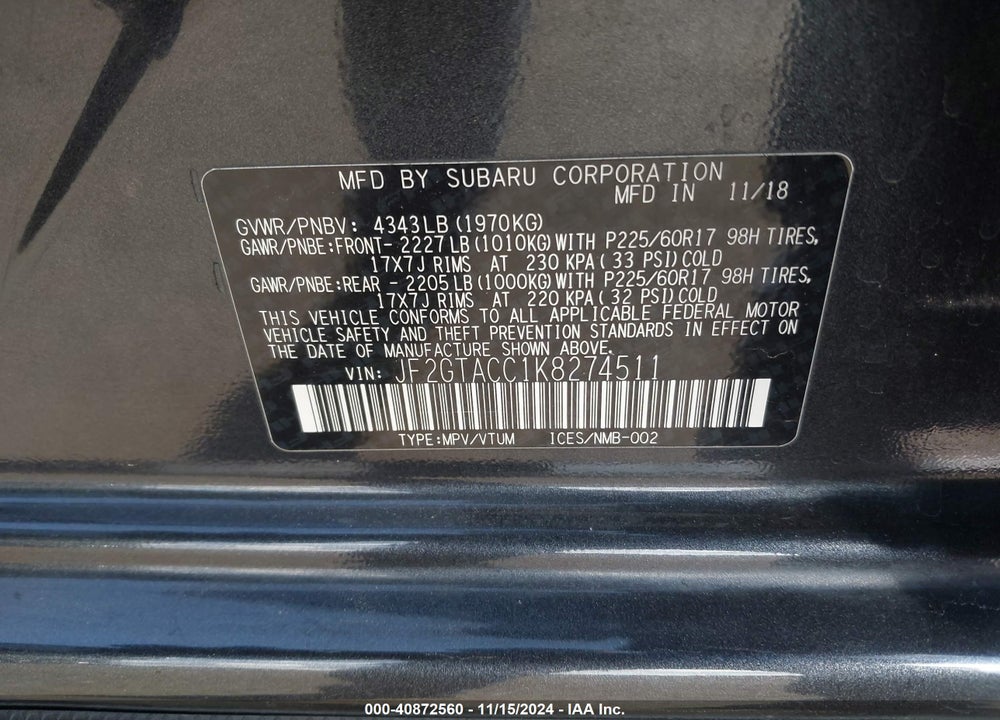 2019 SUBARU CROSSTREK 2.0I PREMIUM VIN: JF2GTACC1K8274511