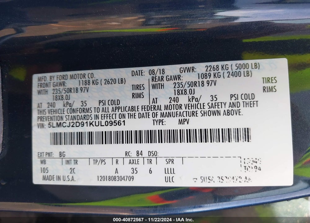 2019 LINCOLN MKC SELECT VIN: 5LMCJ2D91KUL09561