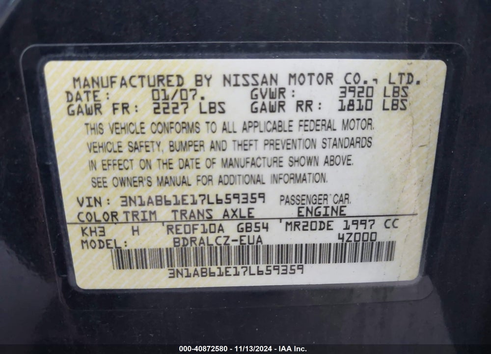 2007 NISSAN SENTRA 2.0 VIN: 3N1AB61E17L659359