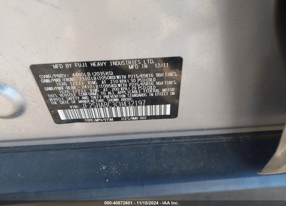 2012 SUBARU FORESTER 2.5X VIN: JF2SHABC3CH432197