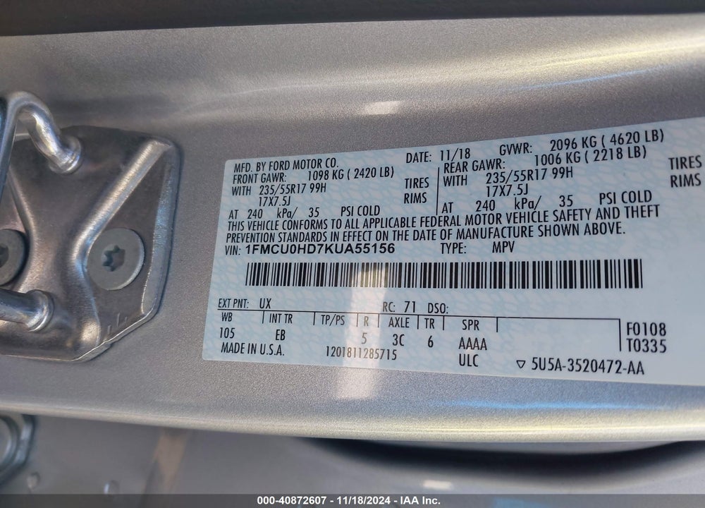 2019 FORD ESCAPE SEL VIN: 1FMCU0HD7KUA55156