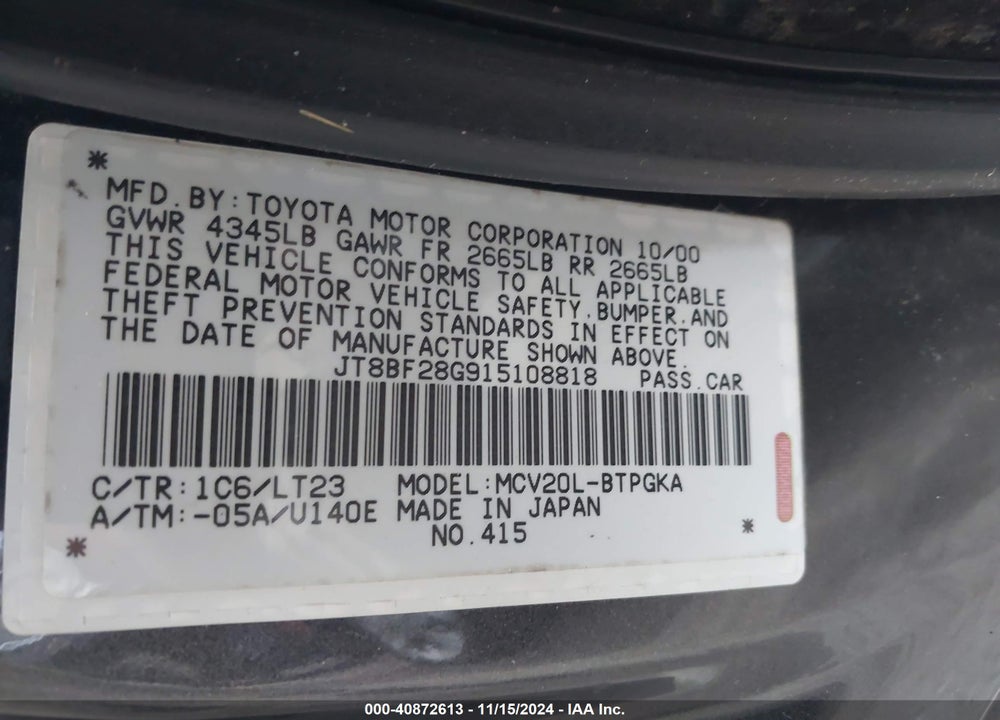 2001 LEXUS ES 300 VIN: JT8BF28G915108818