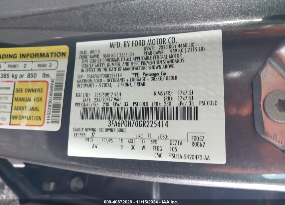 2016 FORD FUSION SE VIN: 3FA6P0H70GR225414