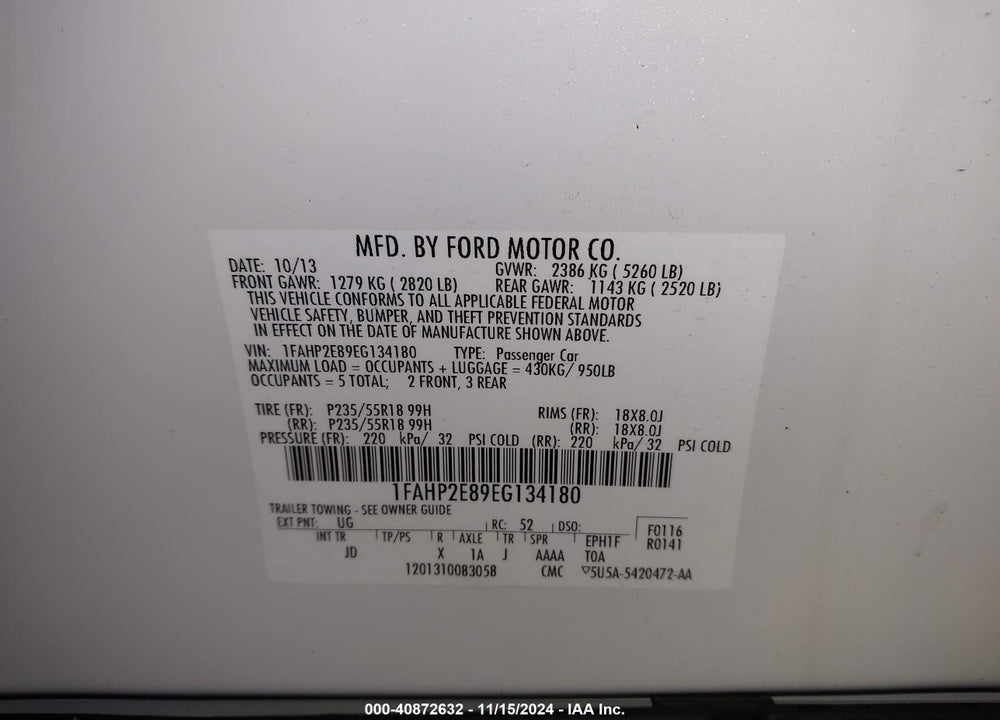 2014 FORD TAURUS SEL VIN: 1FAHP2E89EG134180
