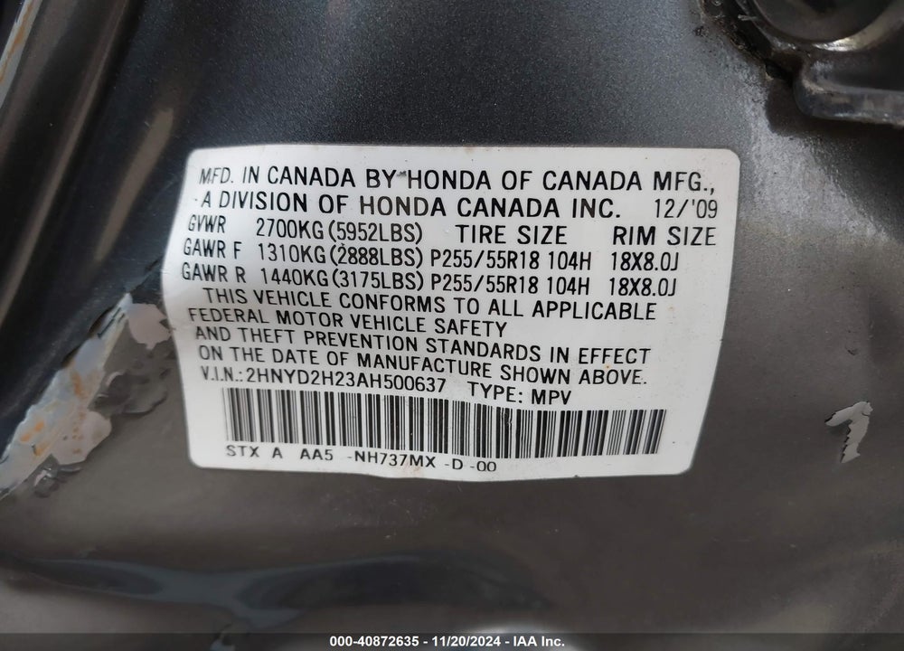 2010 ACURA MDX VIN: 2HNYD2H23AH500637