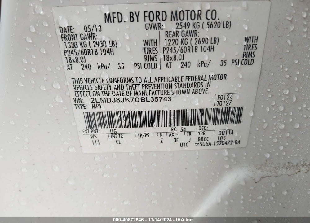 2013 LINCOLN MKX VIN: 2LMDJ8JK7DBL35743