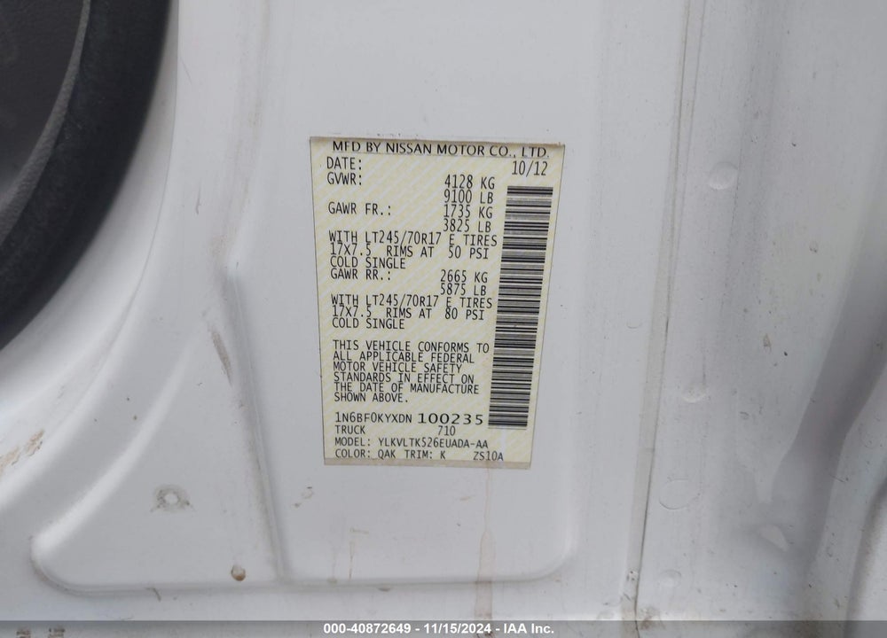 2013 NISSAN NV CARGO NV2500 HD SV V6 VIN: 1N6BF0KYXDN100235