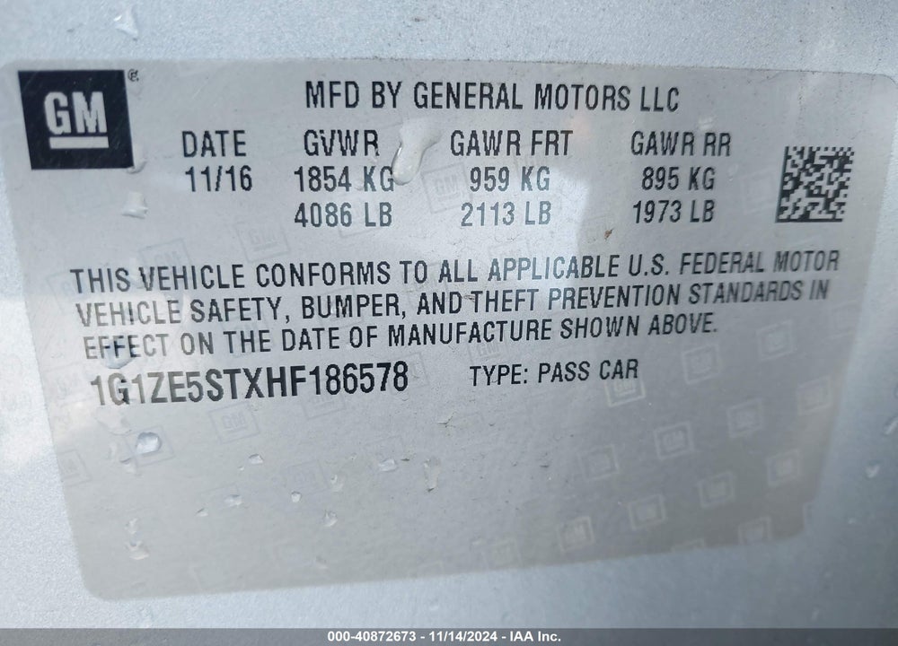 2017 CHEVROLET MALIBU 1LT VIN: 1G1ZE5STXHF186578
