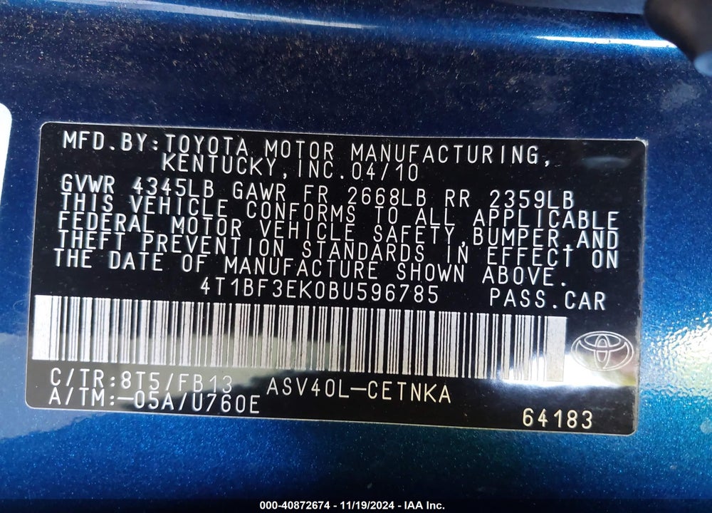 2011 TOYOTA CAMRY LE VIN: 4T1BF3EK0BU596785
