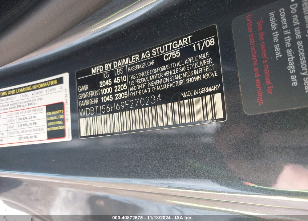 2009 MERCEDES-BENZ CLK 350 VIN: WDBTJ56H69F270234