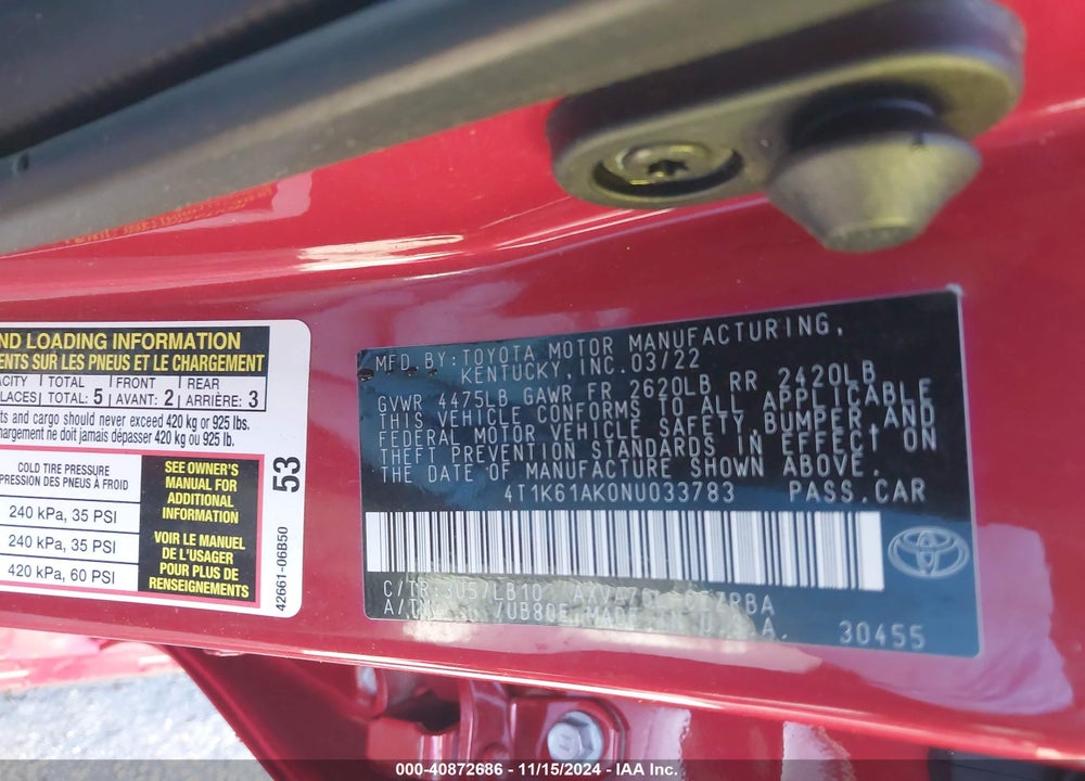 2022 TOYOTA CAMRY XSE VIN: 4T1K61AK0NU033783