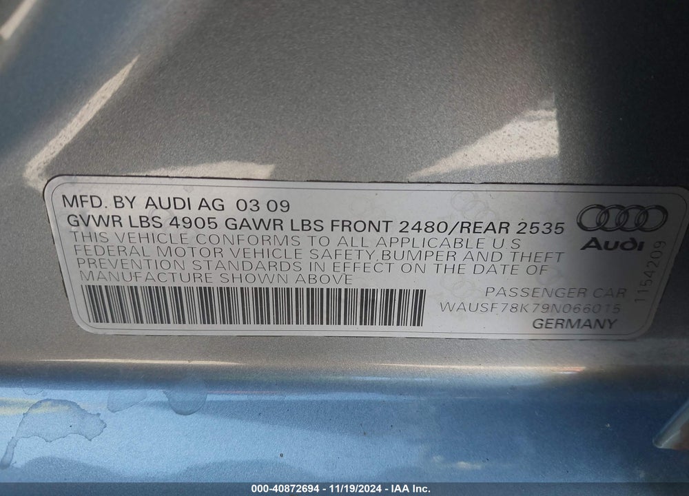 2009 AUDI A4 2.0T PREMIUM VIN: WAUSF78K79N066015
