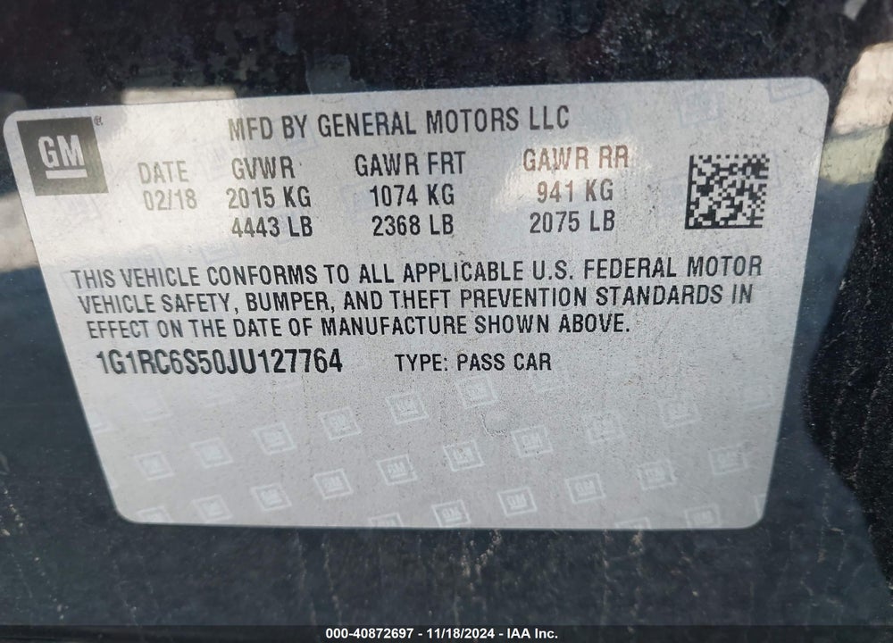 2018 CHEVROLET VOLT VIN: 1G1RC6S50JU127764
