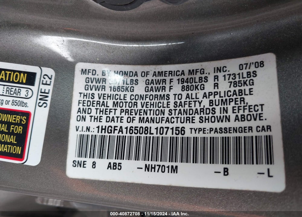 2008 HONDA CIVIC LX VIN: 1HGFA16508L107156