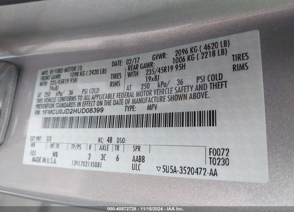 2017 FORD ESCAPE TITANIUM VIN: 1FMCU0JD2HUD08399