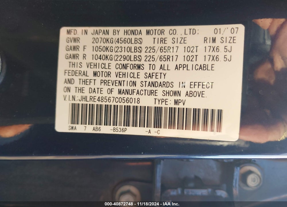 2007 HONDA CR-V VIN: JHLRE48567C056018