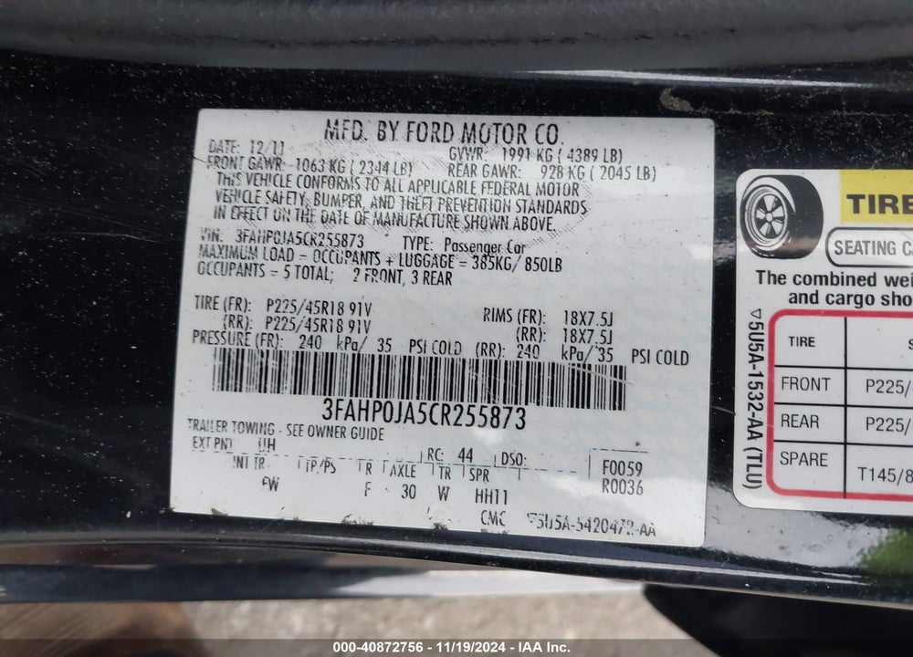 2012 FORD FUSION SEL VIN: 3FAHP0JA5CR255873