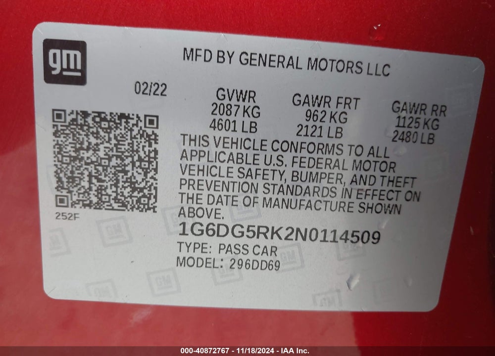 2022 CADILLAC CT4 SPORT VIN: 1G6DG5RK2N0114509