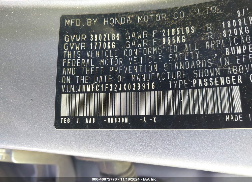 2018 HONDA CIVIC EX-T VIN: JHMFC1F32JX039916