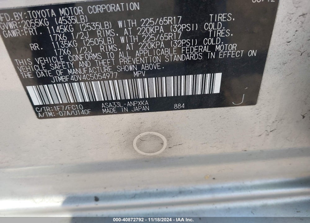 2012 TOYOTA RAV4 VIN: JTMBF4DV4C5054977