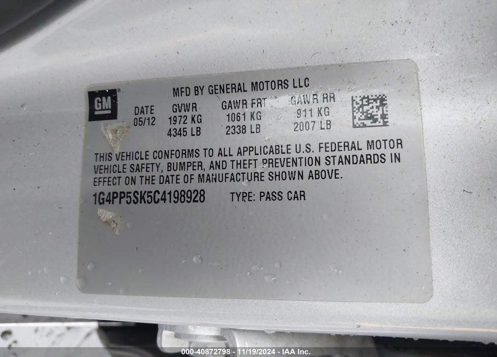 2012 BUICK VERANO VIN: 1G4PP5SK5C4198928