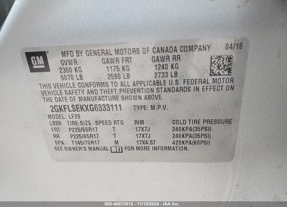 2016 GMC TERRAIN SLE-1 VIN: 2GKFLSEKXG6333111