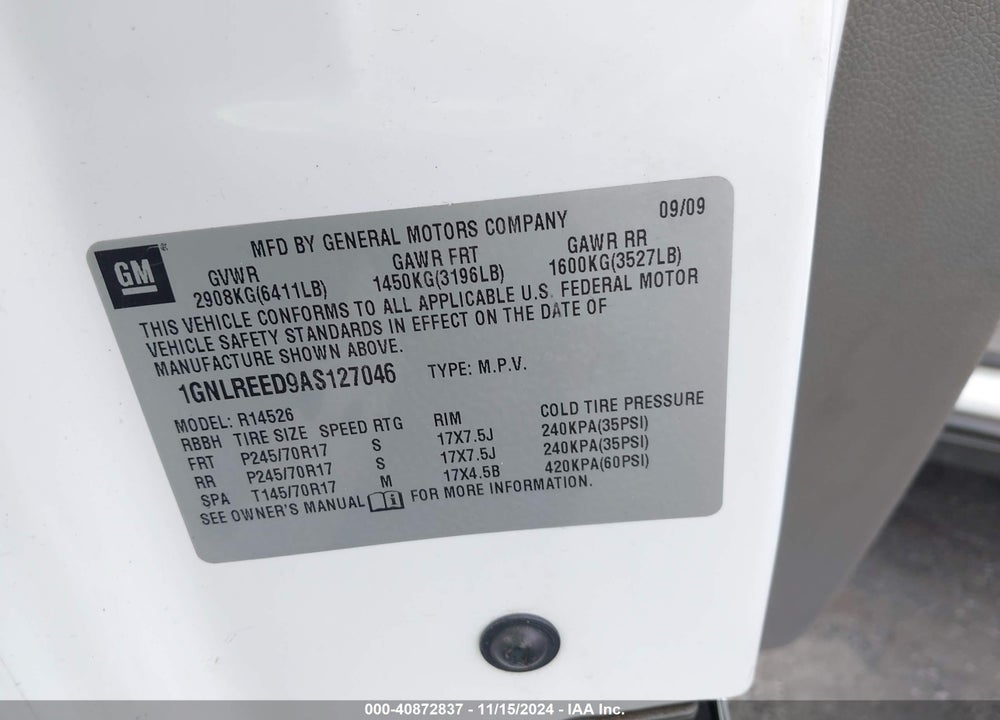 2010 CHEVROLET TRAVERSE LS VIN: 1GNLREED9AS127046