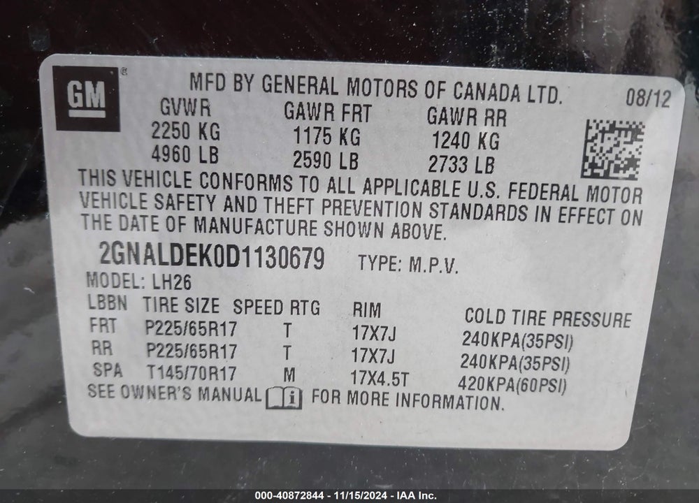 2013 CHEVROLET EQUINOX 1LT VIN: 2GNALDEK0D1130679