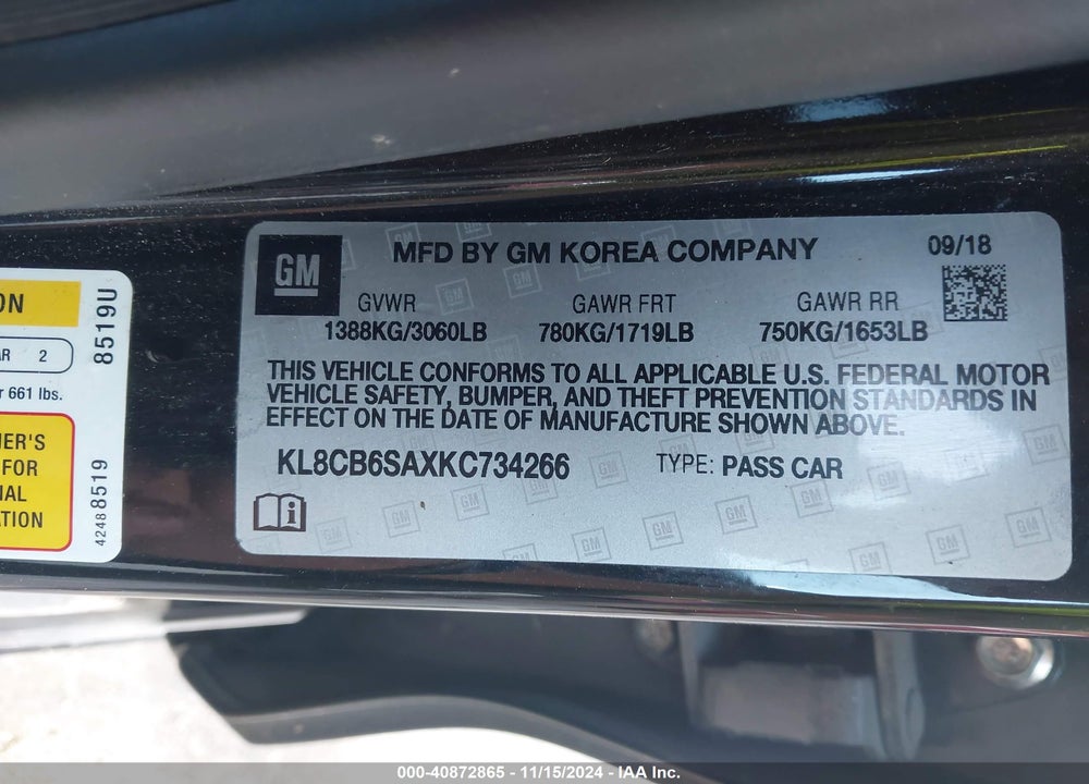 2019 CHEVROLET SPARK VIN: KL8CB6SAXKC734266