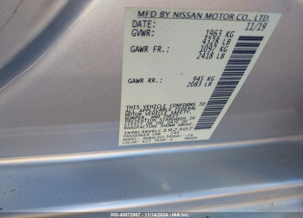 2020 NISSAN ALTIMA S FWD VIN: 1N4BL4BV6LC192307