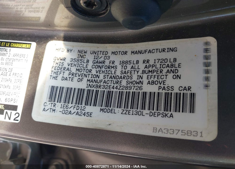 2004 TOYOTA COROLLA S VIN: 1NXBR32E44Z289726