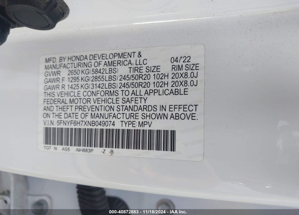 2022 HONDA PILOT VIN: 5FNYF6H7XNB049074