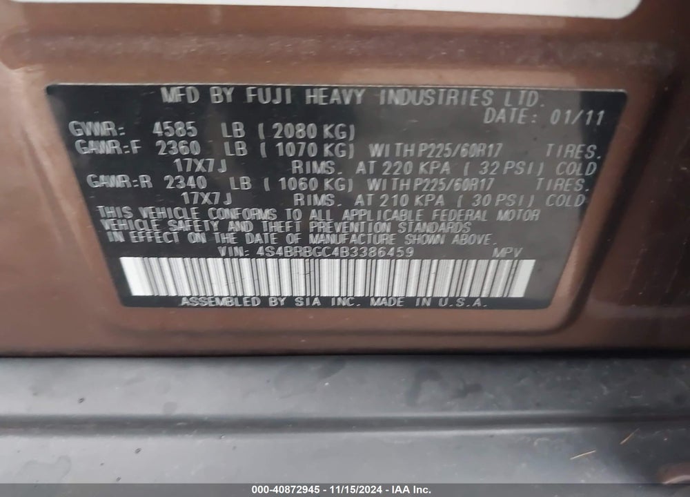 2011 SUBARU OUTBACK 2.5I PREMIUM VIN: 4S4BRBGC4B3386459