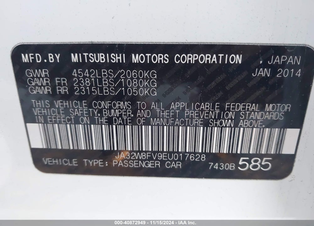 2014 MITSUBISHI LANCER EVOLUTION GSR VIN: JA32W8FV9EU017628