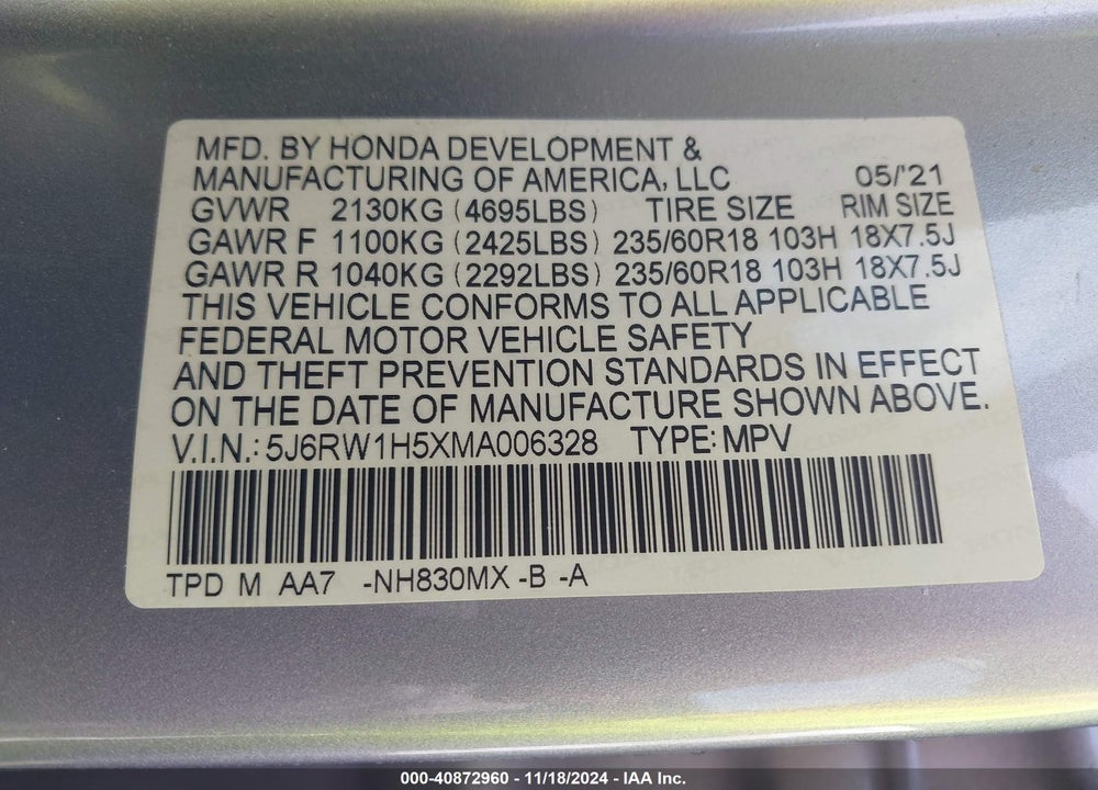 2021 HONDA CR-V 2WD EX VIN: 5J6RW1H5XMA006328