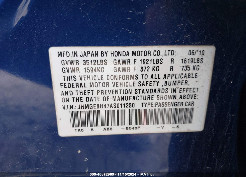 2010 HONDA FIT SPORT VIN: JHMGE8H47AS011250